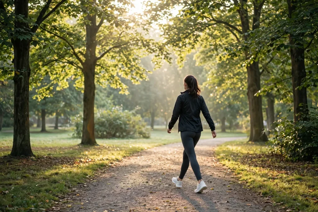 A woman walking briskly on a tree-lined park path in morning sunlight