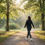A woman walking briskly on a tree-lined park path in morning sunlight