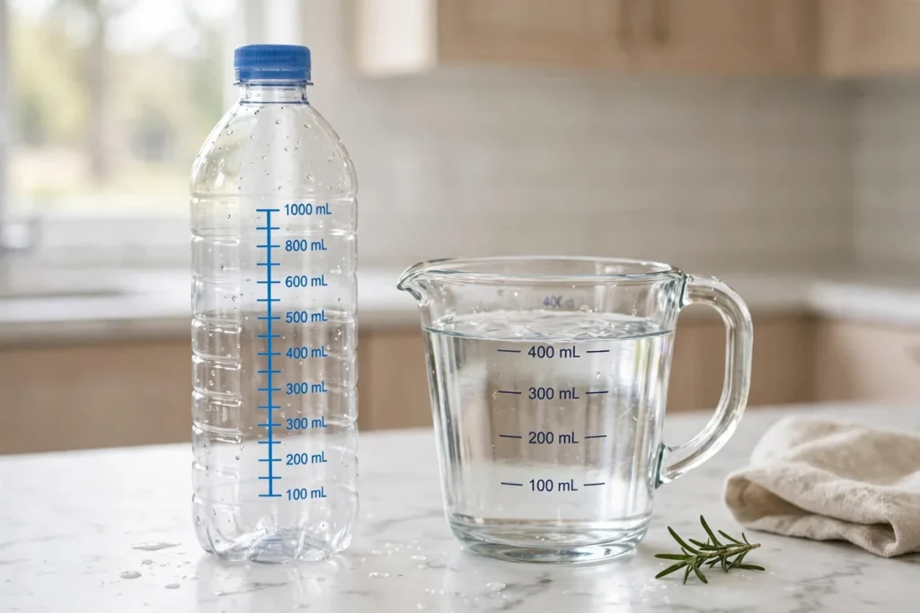 Clear water bottle with measurement markings next to a measuring cup of water