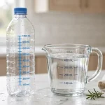Clear water bottle with measurement markings next to a measuring cup of water