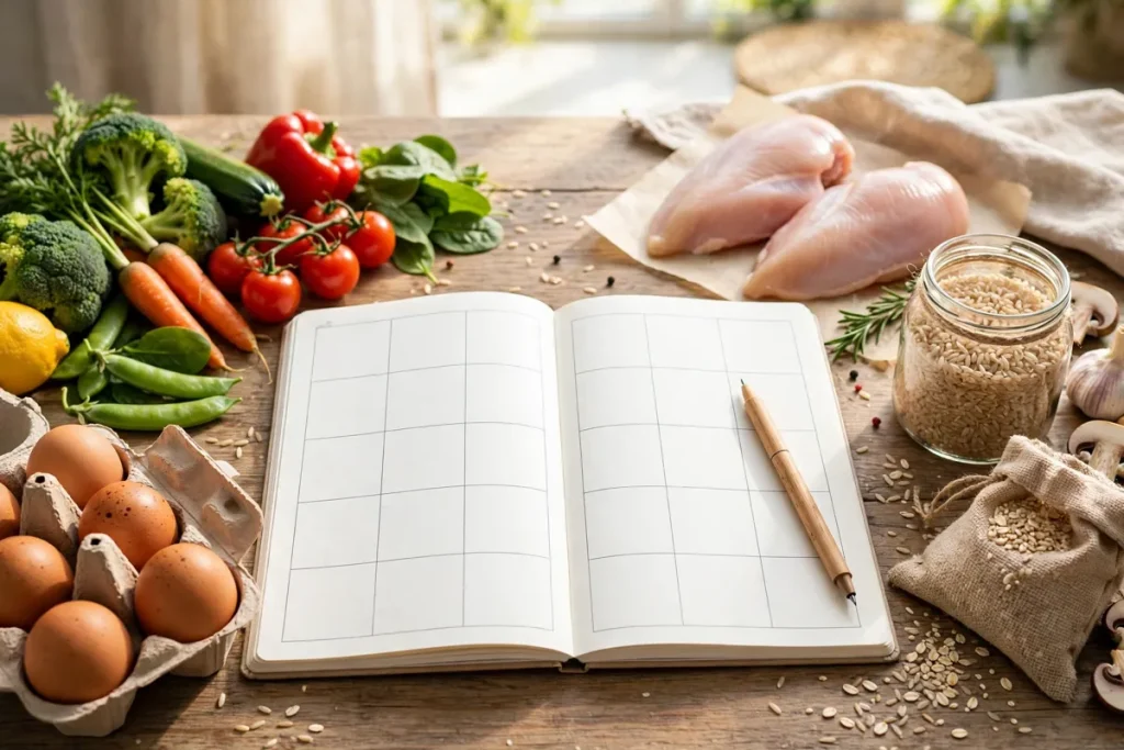 Weight loss meal plan - a weekly meal planner notebook with fresh vegetables, eggs, chicken and grains