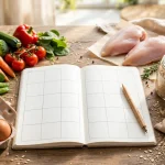 Weight loss meal plan - a weekly meal planner notebook with fresh vegetables, eggs, chicken and grains