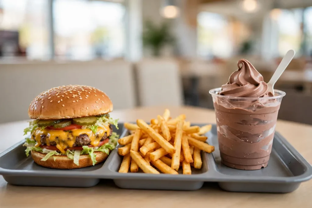 Fast-food burger, fries and a frosty dessert on a tray