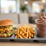 Fast-food burger, fries and a frosty dessert on a tray