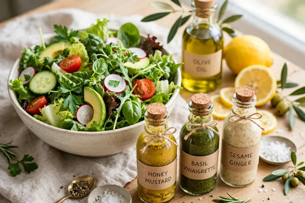 fresh salad bowl with small bottles of salad dressing beside it