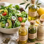 fresh salad bowl with small bottles of salad dressing beside it