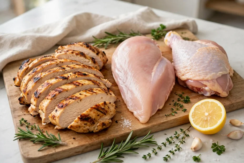 white meat chicken — sliced grilled chicken breast beside a raw breast and a dark-meat thigh for comparison