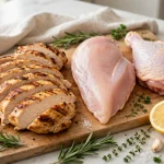 white meat chicken — sliced grilled chicken breast beside a raw breast and a dark-meat thigh for comparison