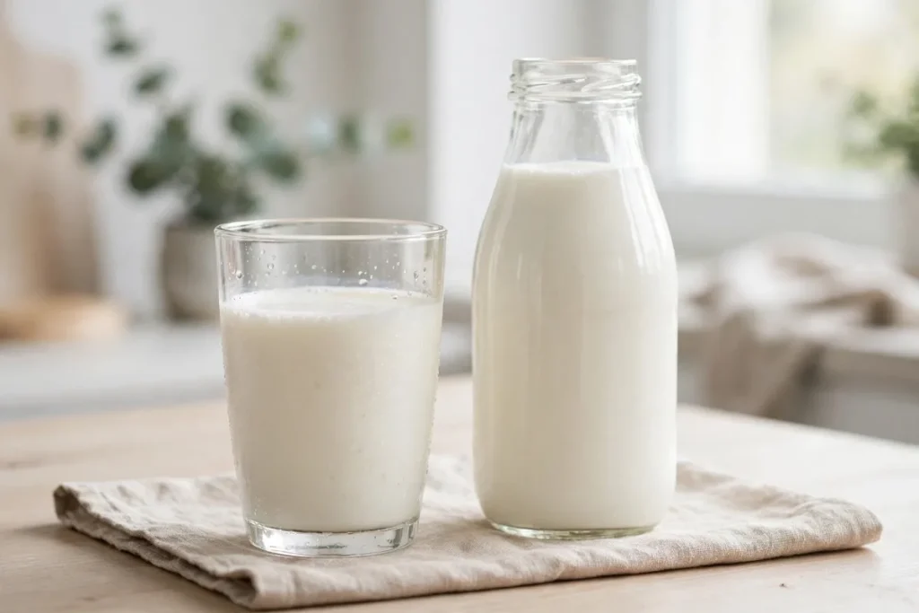 A glass of whole milk next to a glass bottle of milk on a kitchen table