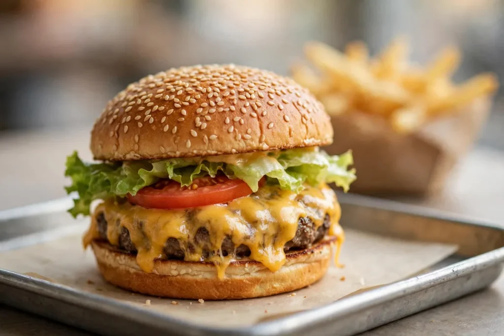 A large cheeseburger with a sesame bun, lettuce, tomato and melted cheese on a tray with fries behind
