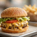 A large cheeseburger with a sesame bun, lettuce, tomato and melted cheese on a tray with fries behind