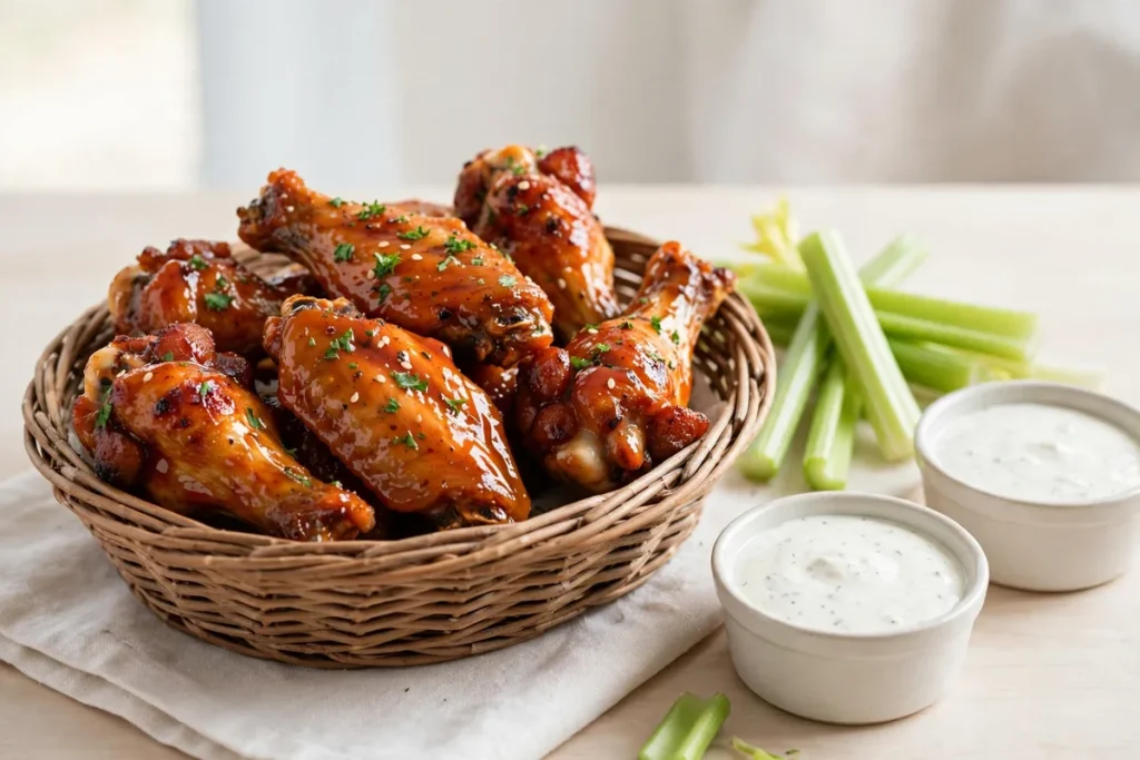 Basket of saucy chicken wings with celery and ranch dip