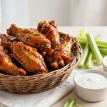 Basket of saucy chicken wings with celery and ranch dip