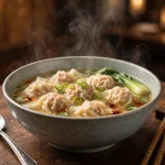 Bowl of wonton soup with chopsticks