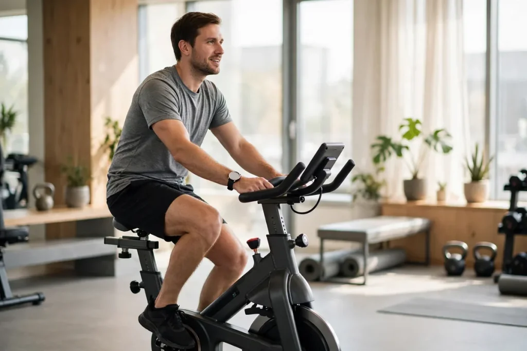 A man doing easy Zone 2 cardio on a stationary bike while wearing a fitness watch