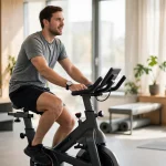 A man doing easy Zone 2 cardio on a stationary bike while wearing a fitness watch