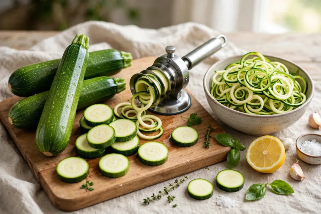 Fresh zucchinis, sliced rounds and a bowl of zucchini noodles with a spiralizer on a wooden board