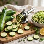 Fresh zucchinis, sliced rounds and a bowl of zucchini noodles with a spiralizer on a wooden board